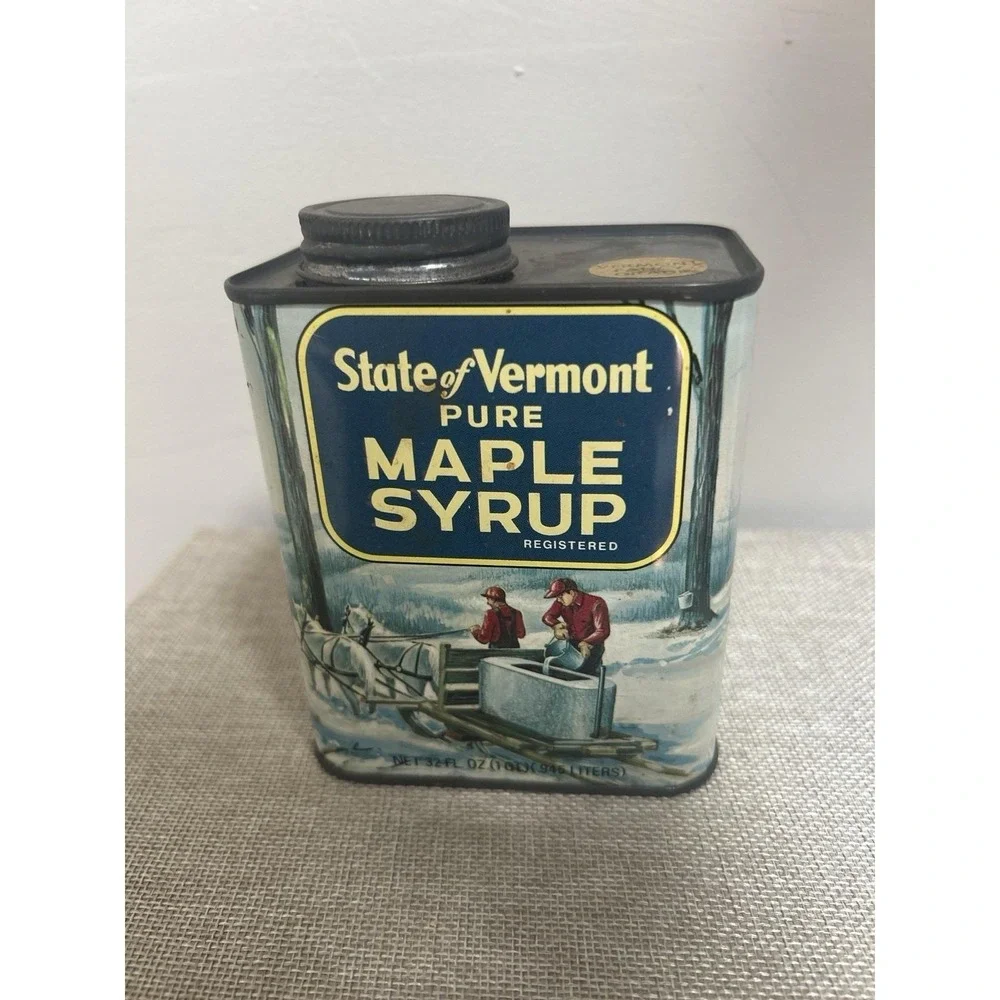 Vtg State Of Vermont Pure Maple Syrup Decorative Tin 32 oz Empty Winter scene